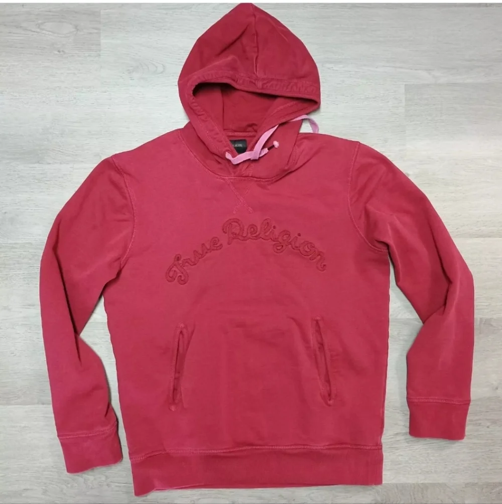 True Religion Red Maroon Pullover Pocket Logo Hoodie Sweatshirt Size Medium